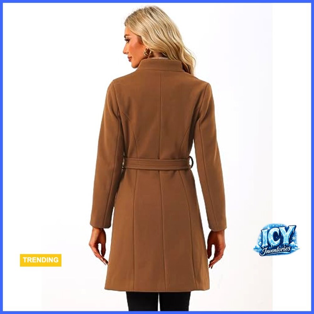 Winter Pea Coat Stand Collar Belted Trench Coat Regular Fit Polyester - Picture 3 of 5